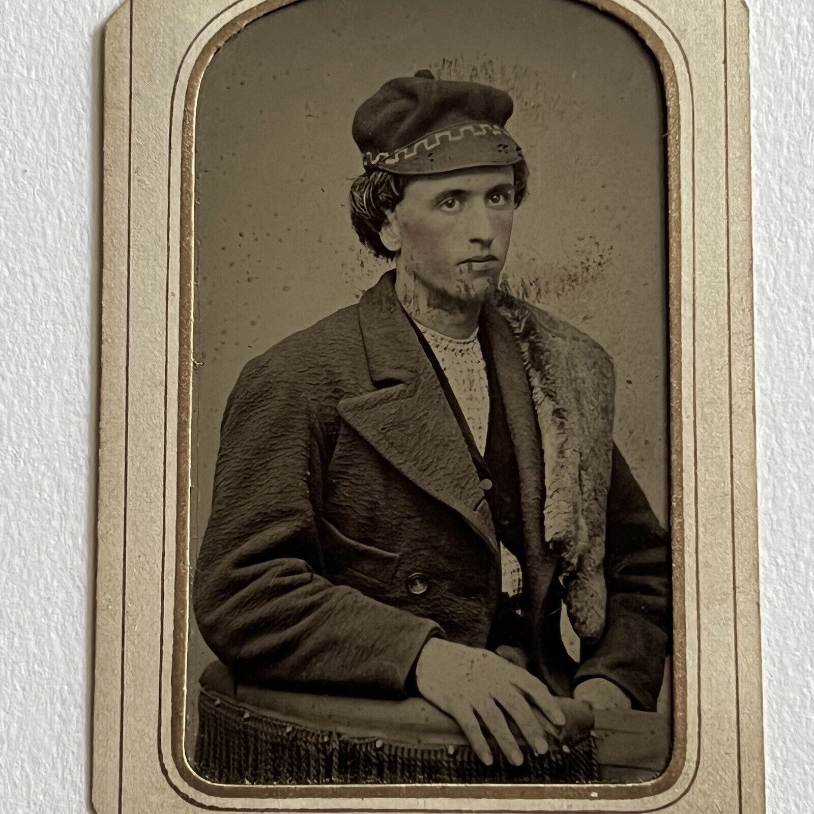 Antique Tintype Photograph Handsome Fashionable Young Man Fur Pelt Great Hat