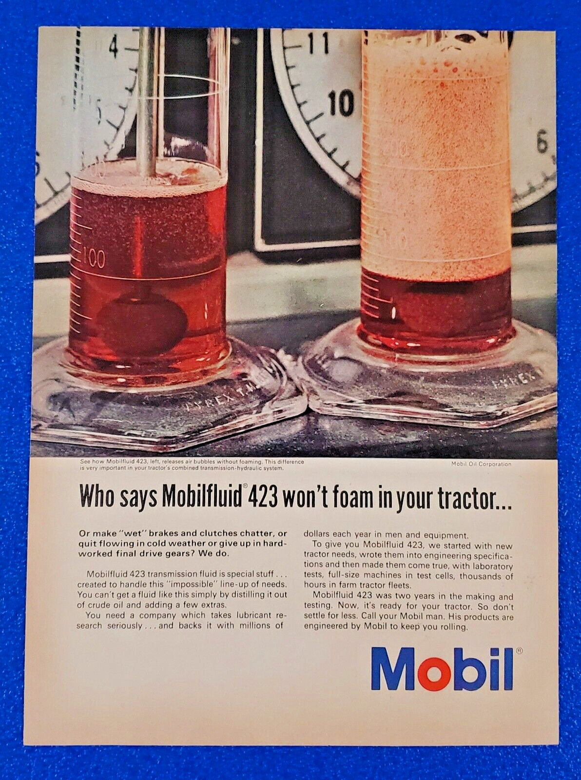 1967 MOBIL MOBILFLUID 423 TRANSMISSION FLUID ORIGINAL PRINT AD WON\'T FOAM TRANS