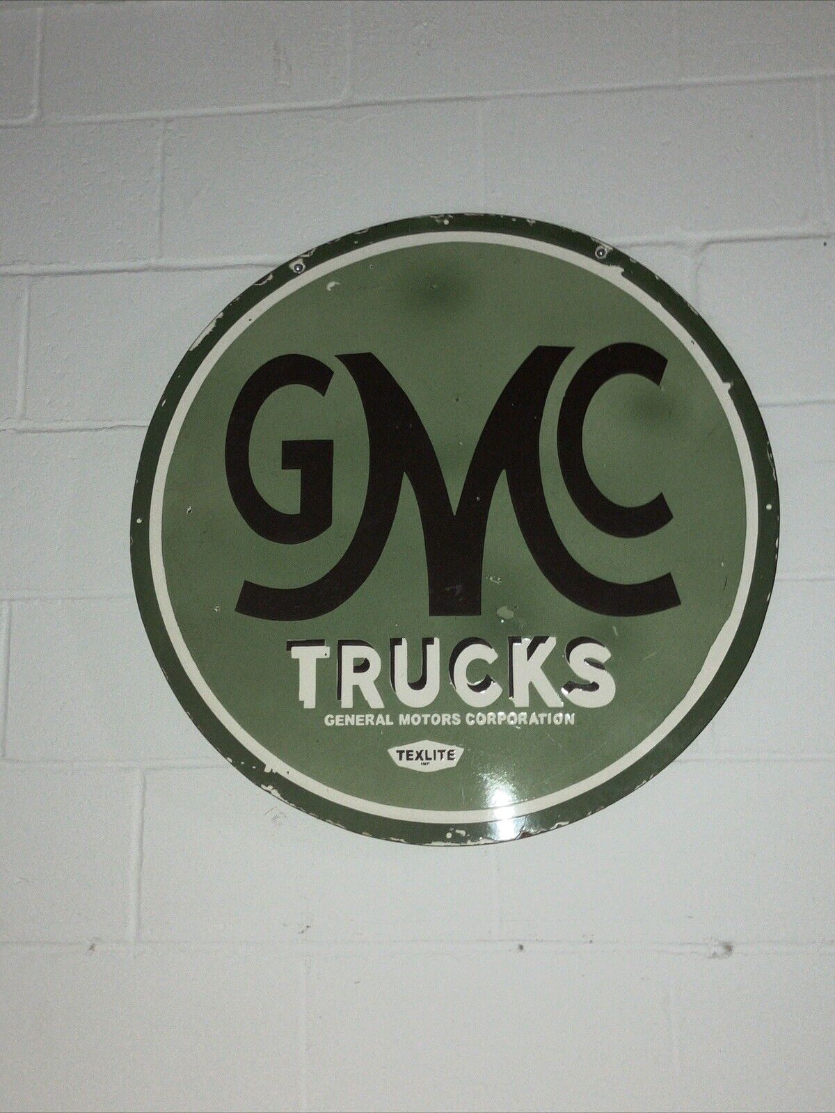 Porcelain GMC Trucks Enamel Sign 30” Round Double Sided Rare Brilliant Colors
