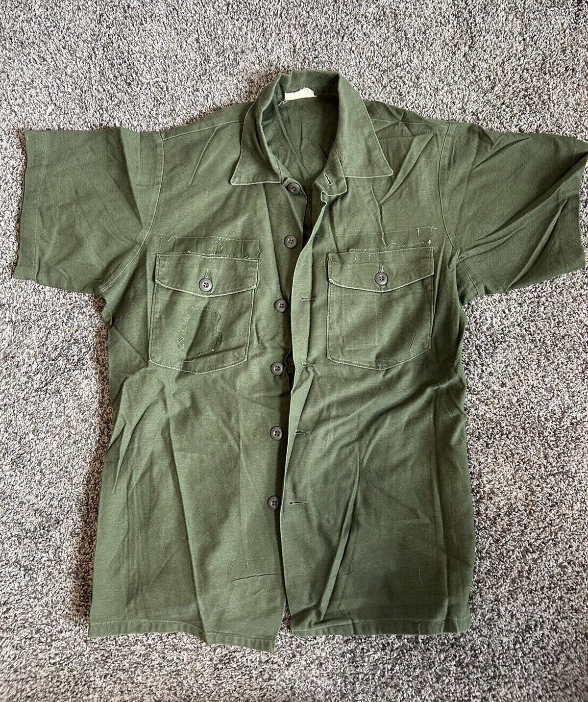 Vintage OG 107 Shirt Military Utility USAF Sateen Vietnam Short Sleeve Damaged