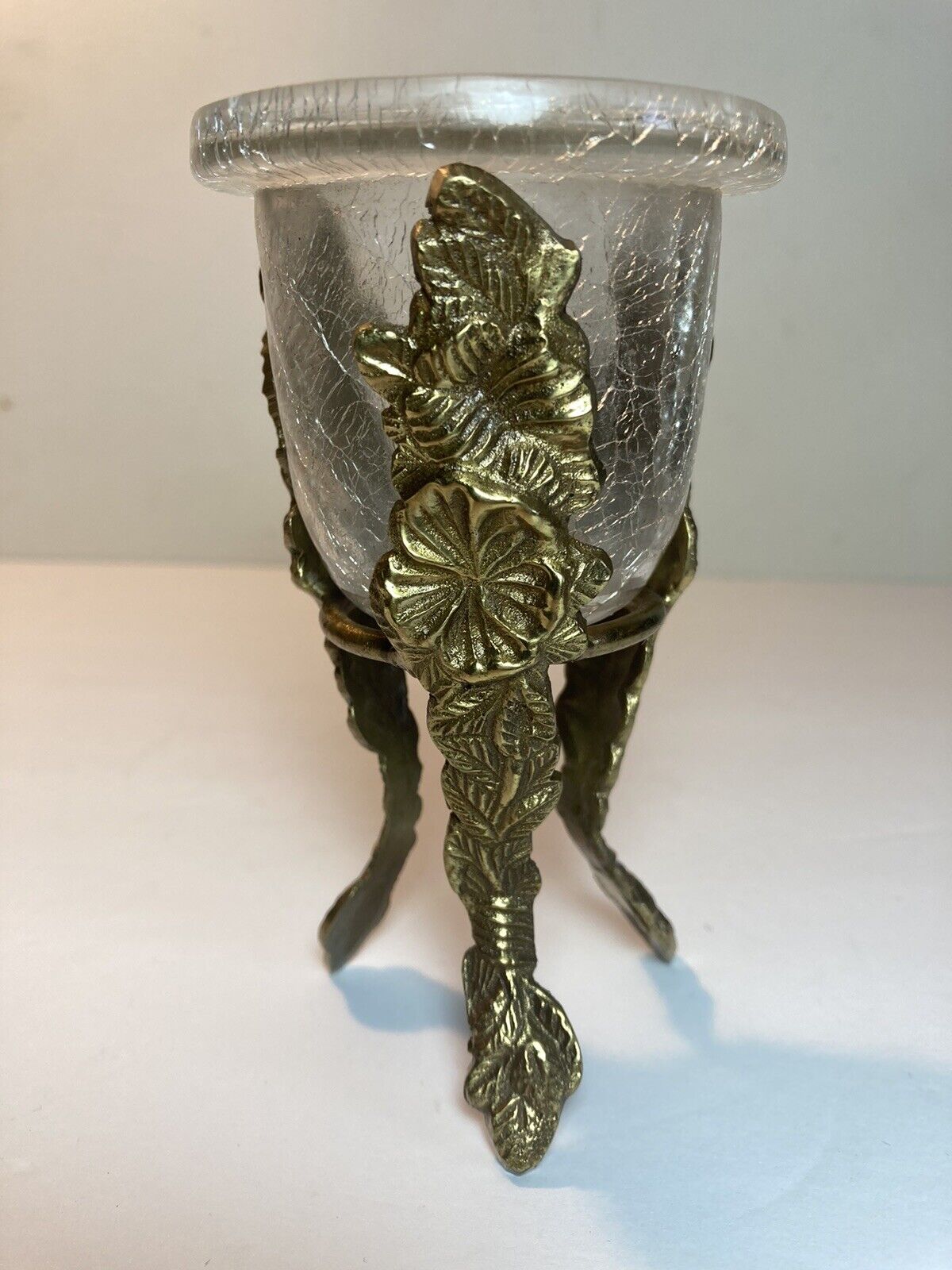 Vintage Crackled Glass Flower Vase With Brass Holder Stand 5.25”