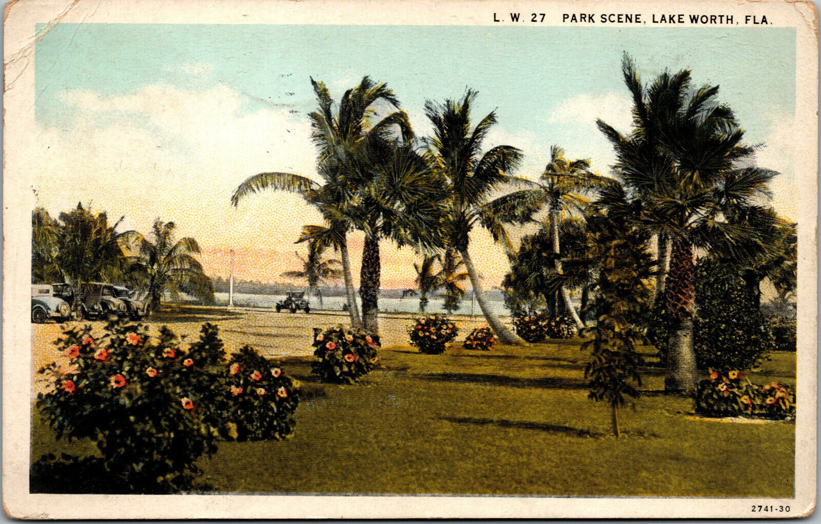 Vtg 1930s A Park Scene Palm Trees Lake Worth Florida FL Postcard