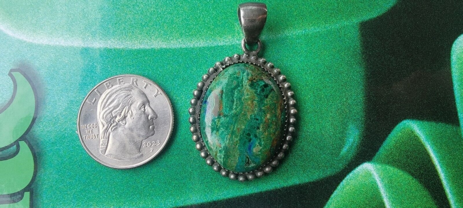 Navajo Large Chrysocolla & STERLING SILVER NECKLACE PENDANT NATIVE AMERICAN