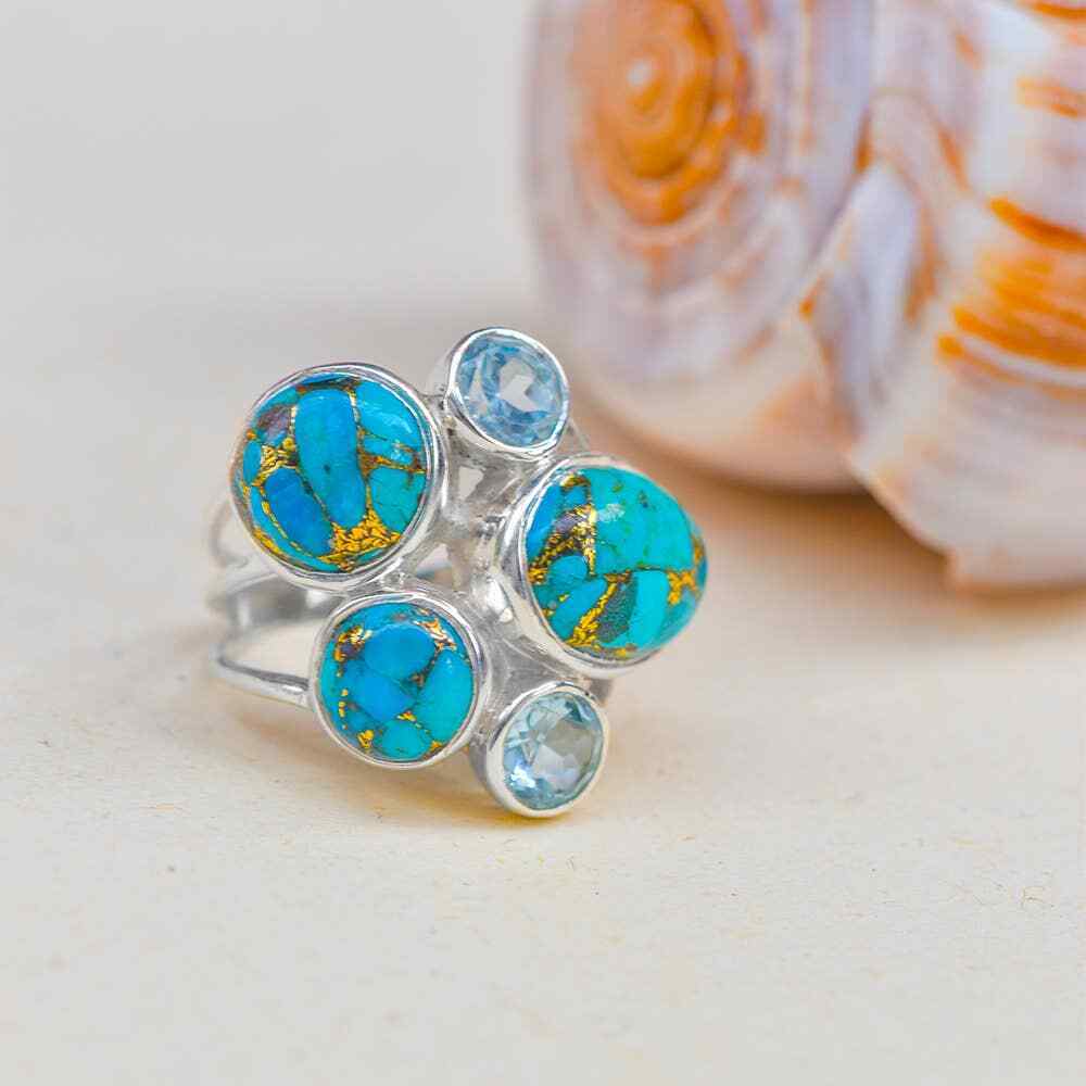 Blue Turquoise & Topaz  925 Sterling Silver Cocktail Ring