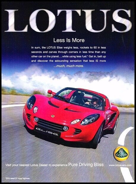 2009 Lotus Elise Less if More Original Advertisement Print Art Car Ad J831