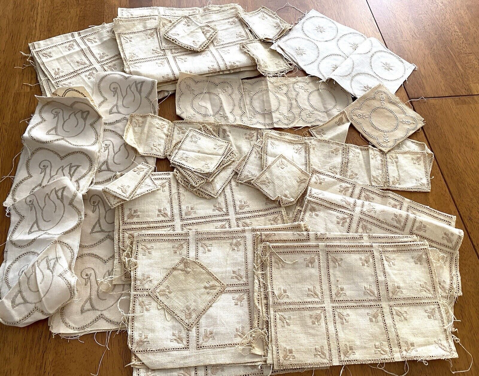 Vintage Embroidery Scraps Lot Beige Linen Doily Placemat Crafts Sewing Projects