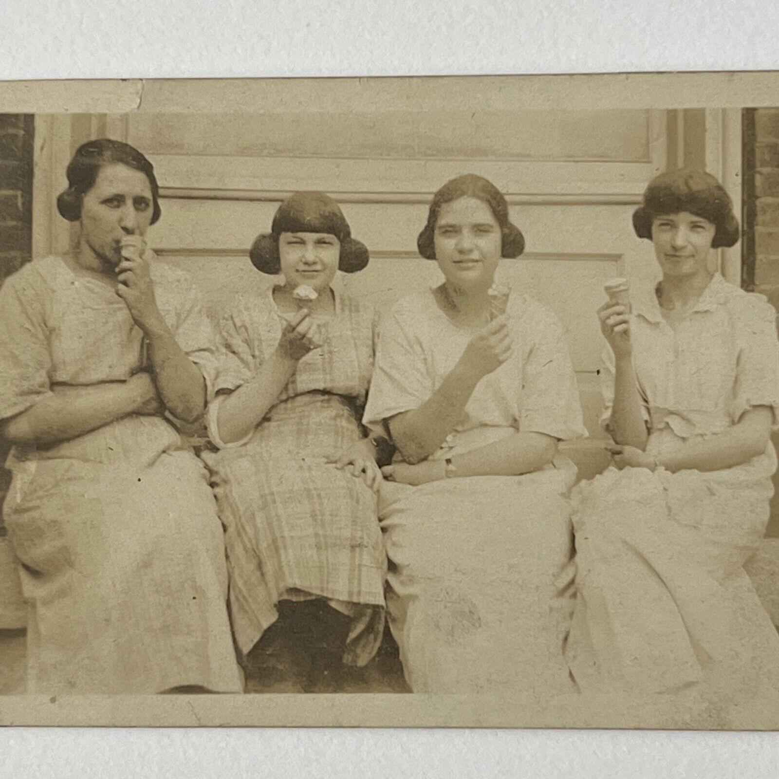Antique Sepia Snapshot Photograph Lovely Young Women Eating Ice Cream Cones