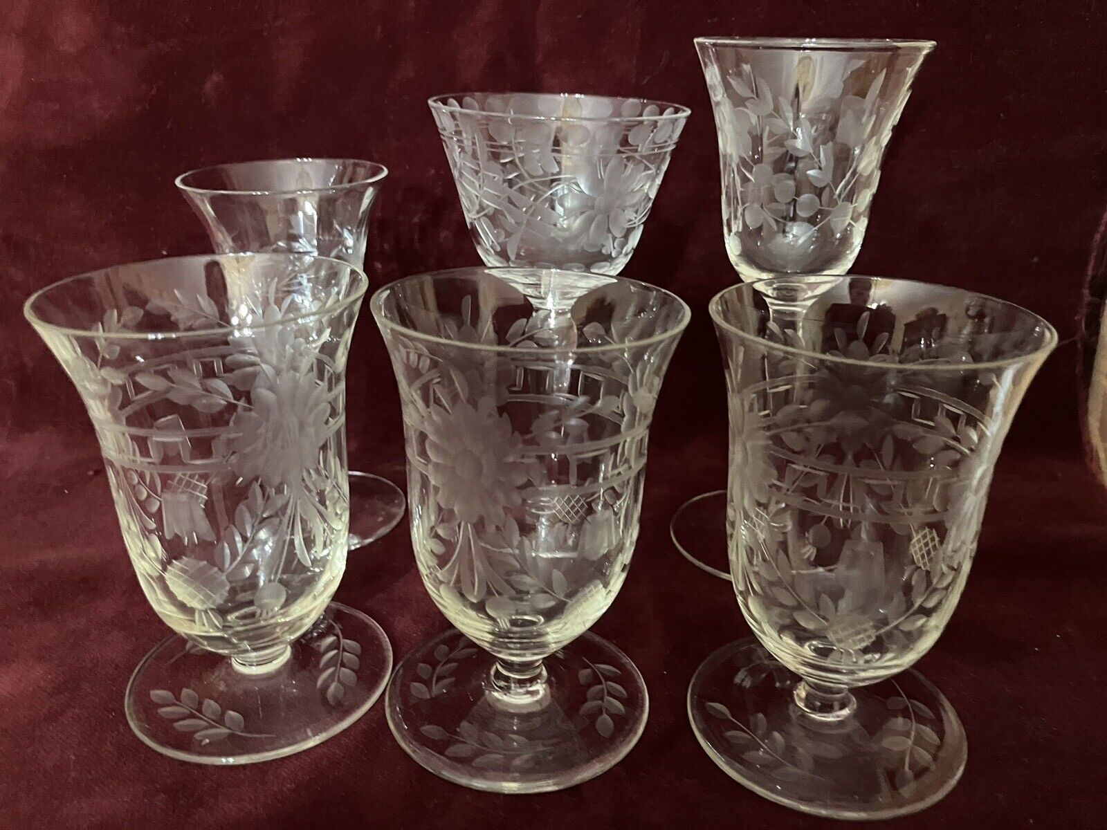 Antique 6x Beautiful Mixed Lot Etched Glasses Edwardian, 3 same size, Cordials