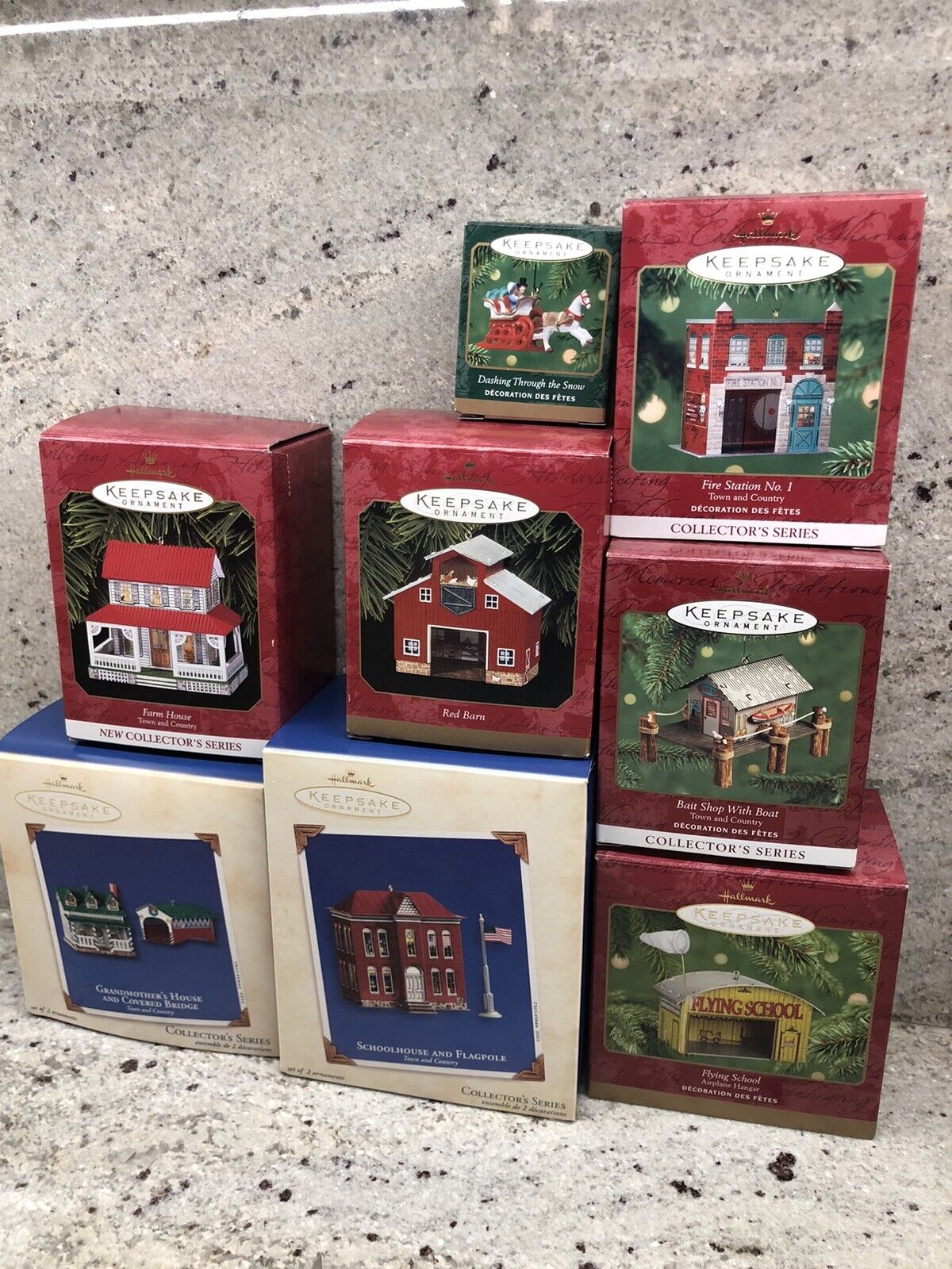8 Hallmark Town And Country Metal Houses And Buildings Ornaments. Nostalgic.