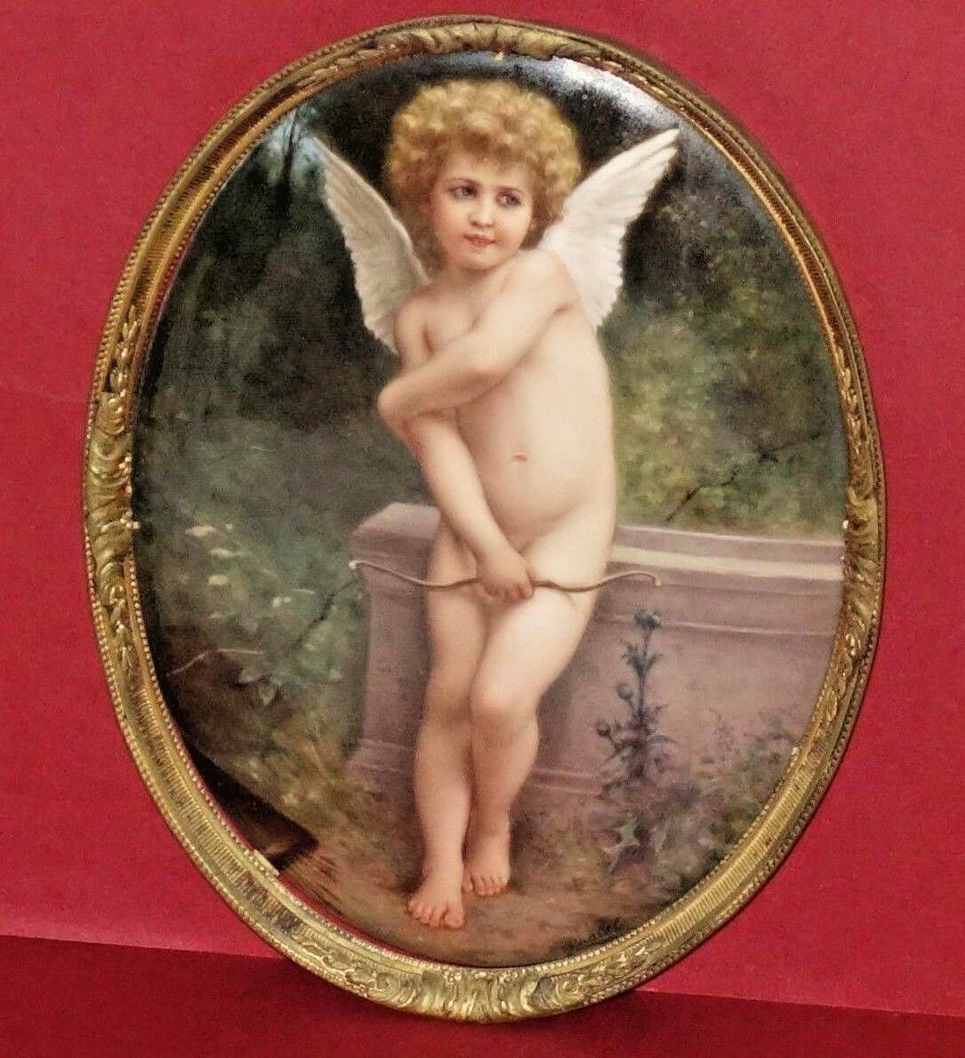 Rare Antique KPM Porcelain Very Fine Painted Oval Plaque Cupid Angel - Signed   