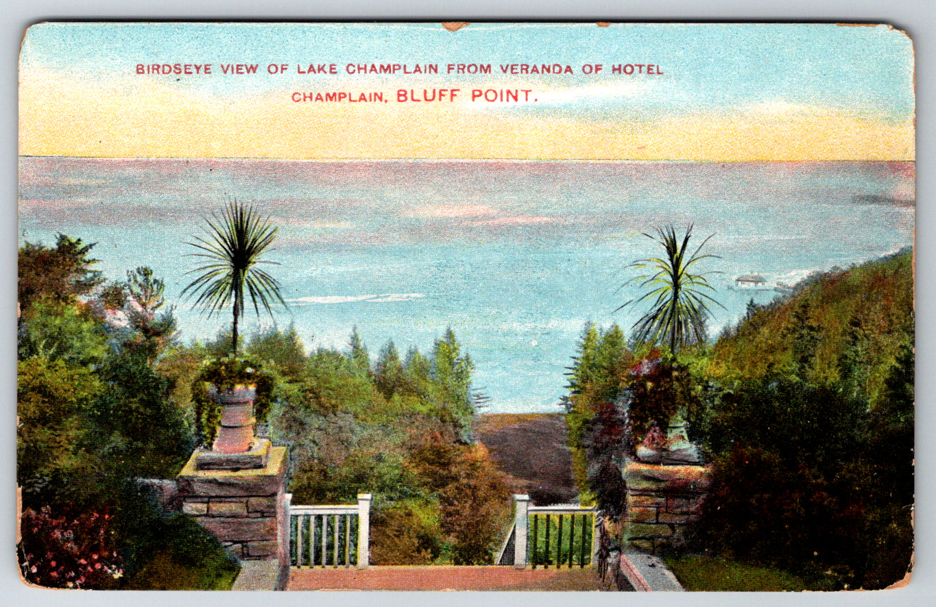 c1910s Birdseye View Lake Champlain Hotel Bluff Point Antique Postcard