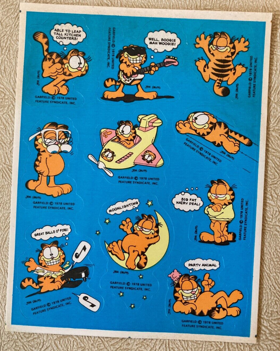 Hallmark Garfield Sticker Sheet 10 Stickers Jim Davis Party Animal Vintage