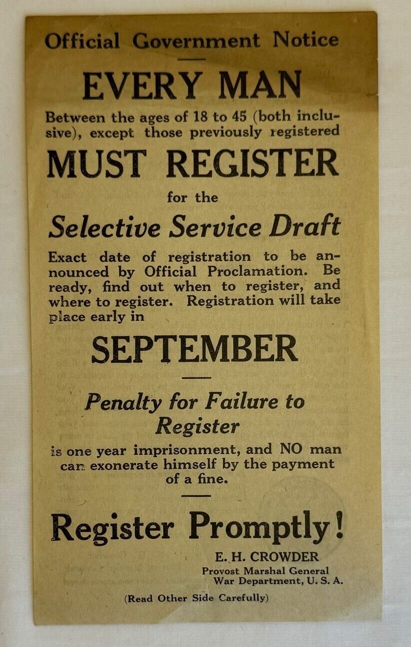 WWI Draft Registration Notice - August 26, 1918 - World War I - RARE