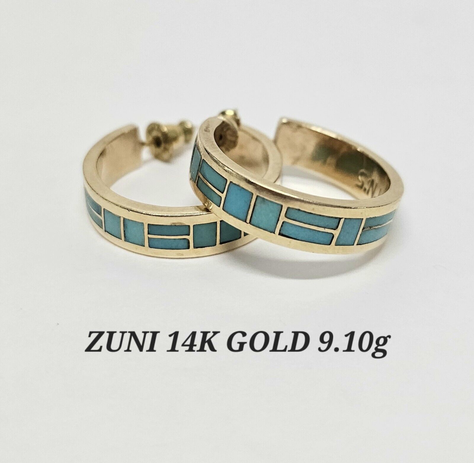 Zuni 14k Gold W/ Turquoise Inlay Hoop Earrings Sheldon & Nancy Westika Signed 