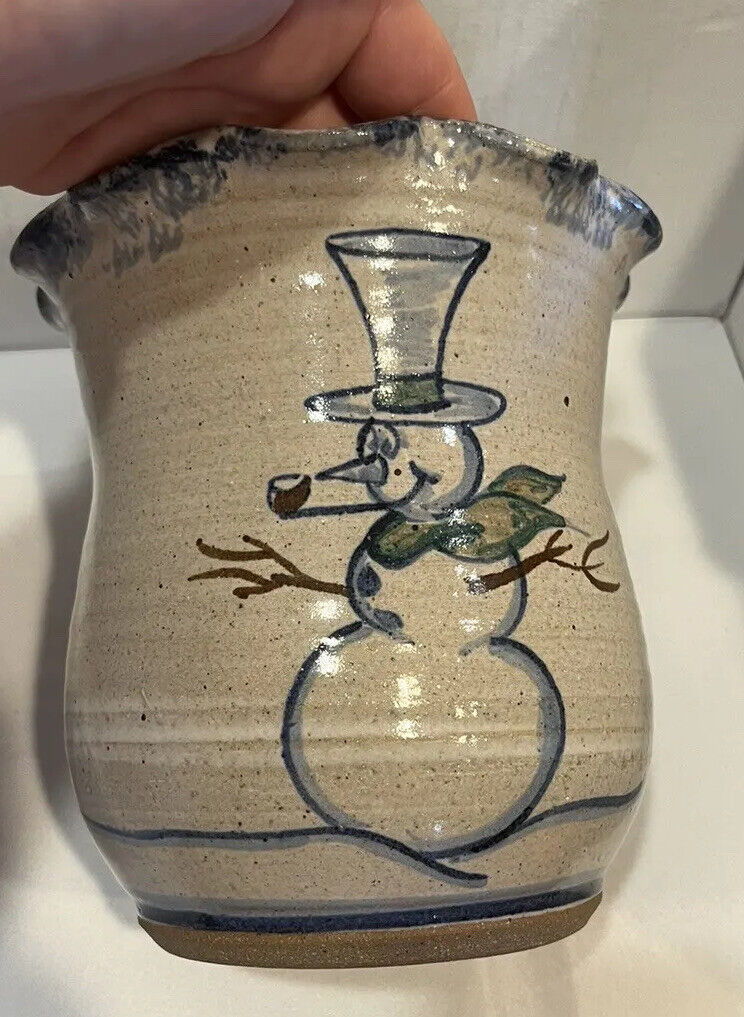 Studio Pottery Snowman Christmas Holiday Ceramic Vase Kitchen Decor Signed