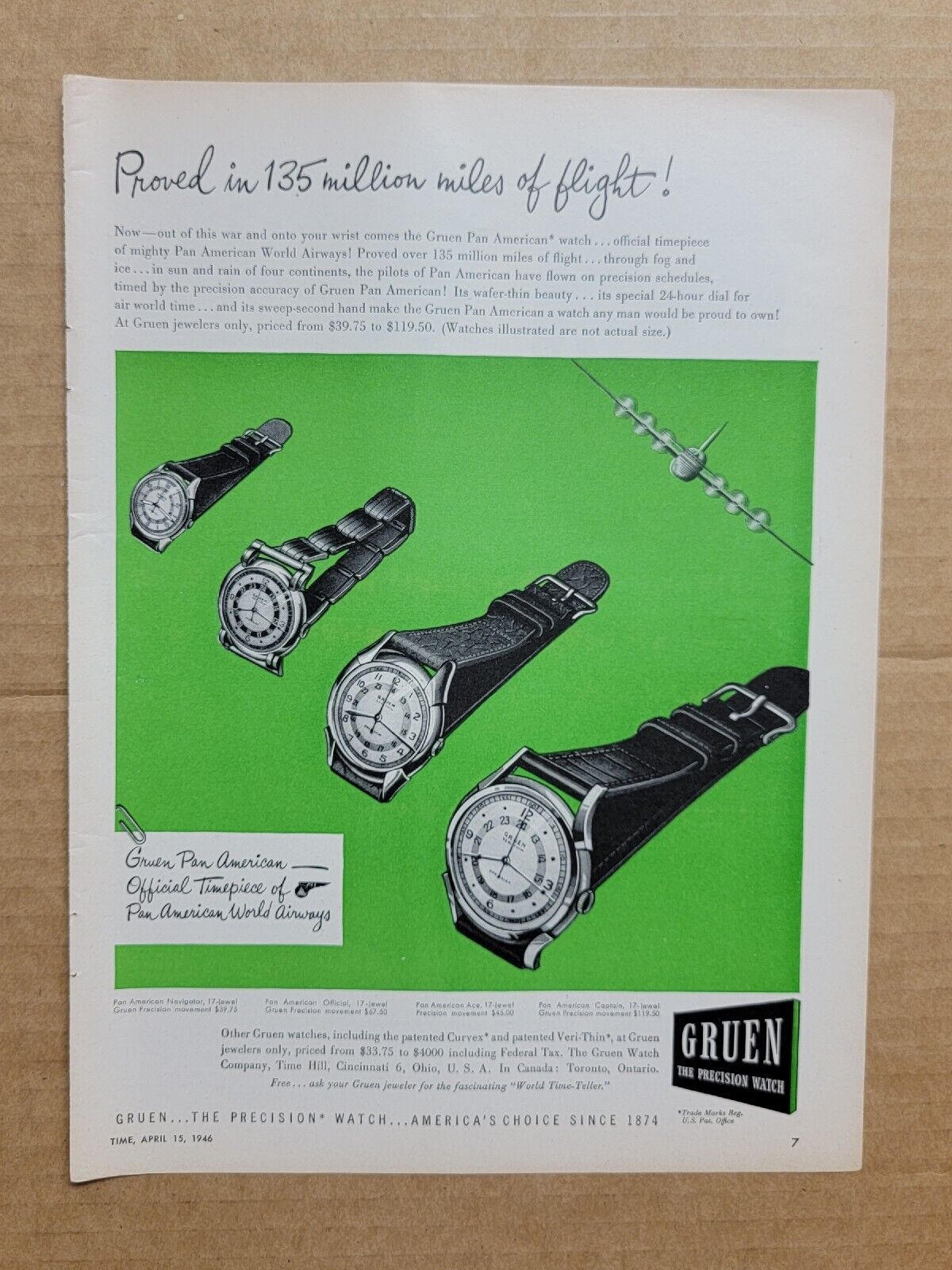 VINTAGE 1946 Print Ad Advertisement Gruen Wristwatches 135 Million Miles WW2