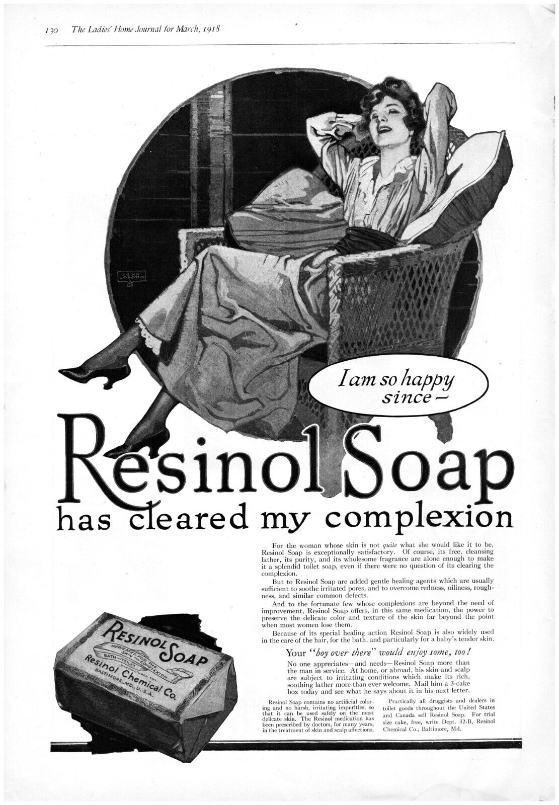 1918 Resinol Soap Antique Print Ad WW1 Era Cleared My Complexion Happy Woman 