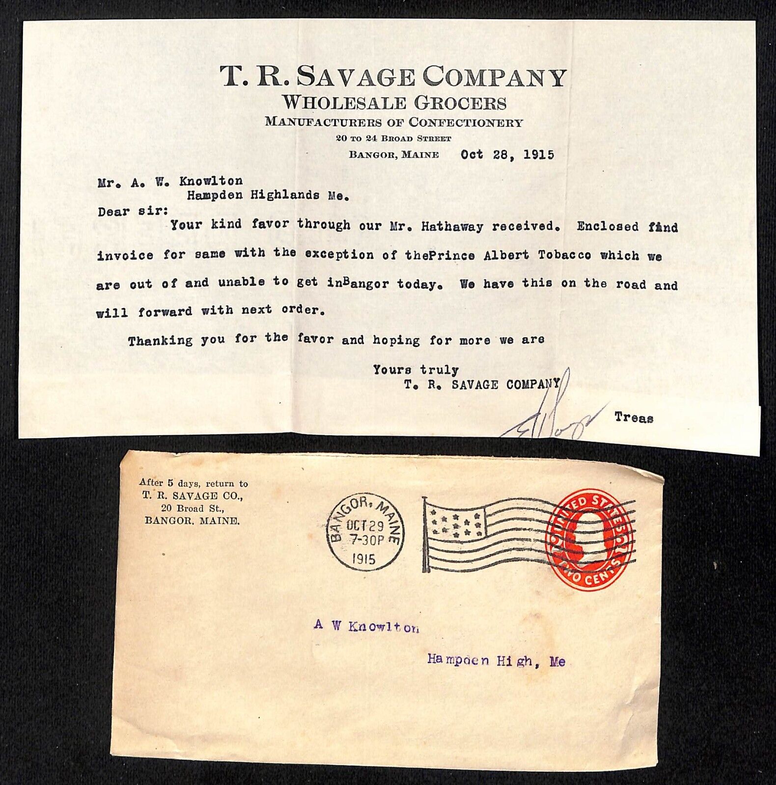 Newburgh, ME Amos W. Knowlton* Bangor 1915 TR Savage Co. Grocers Letterhead