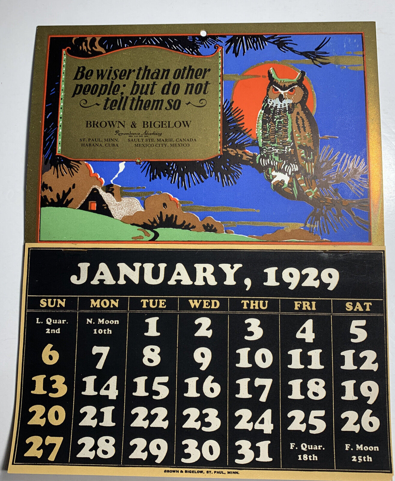 1929 Motto Advertising Calendar Brown & Bigelow Owl Silhouette Art Deco