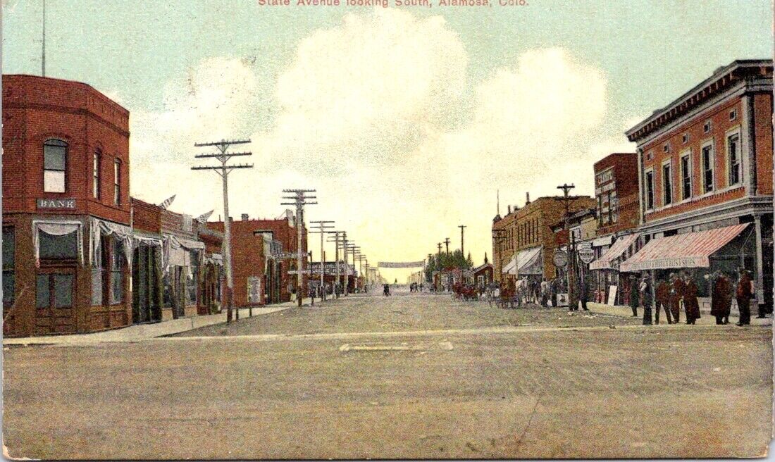 1911, State Avenue Looking South, ALAMOSA, Colorado Postcard - Mt. Blanca Drug