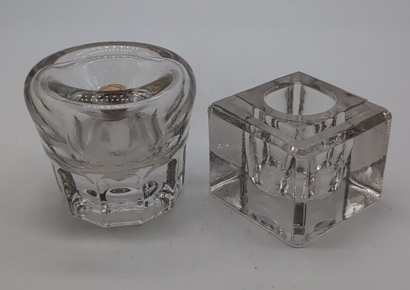 Pair Antique Glass Ink Wells Cut Crystal Cube Funnel with Mug Base