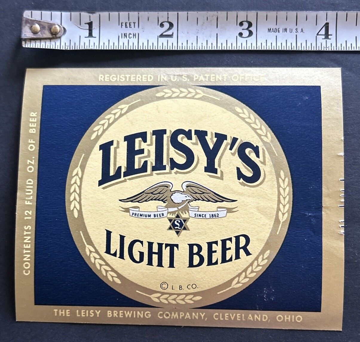 VINTAGE LEISY’S LIGHT BEER 12 OZ. BOTTLE LABEL, LEISY BREWING CO., CLEVELAND, OH