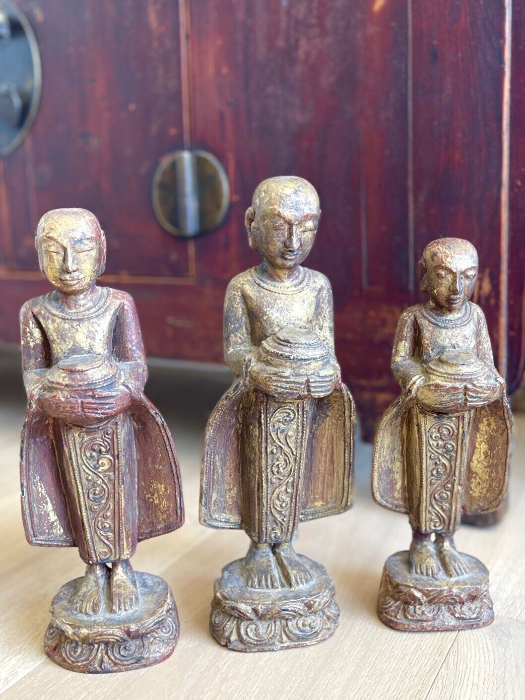 Three Vintage Golden Monks Statues (Burma/Myanmar) - 12 Inches Tall