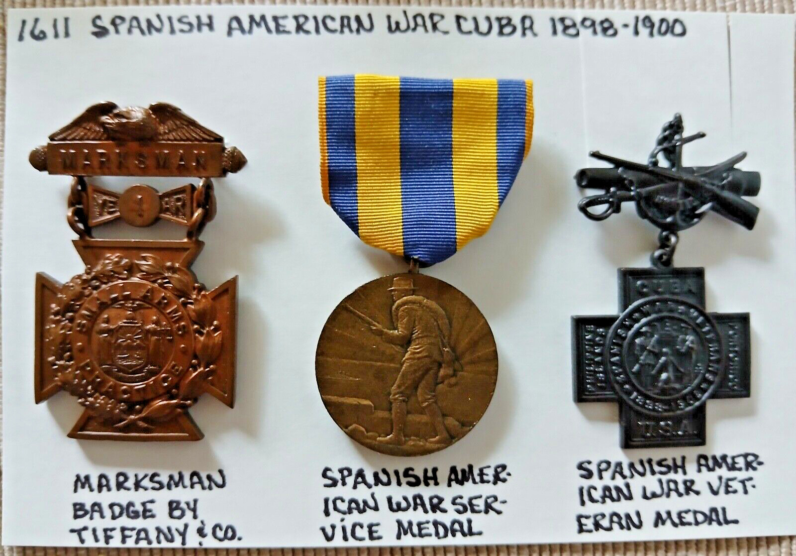 3 Spanish American War Medals 1898-1900 Marksman Badge-Service & Veteran Medals