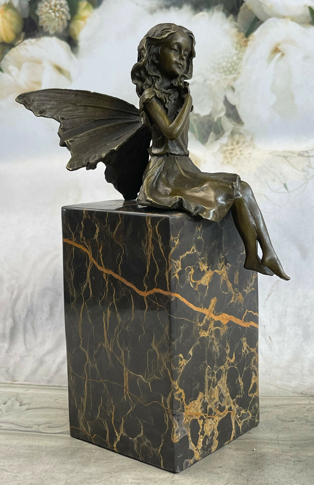 Valentine Angel Holding Flower Bronze Figurine Book-End Bookend Sculpture Decor