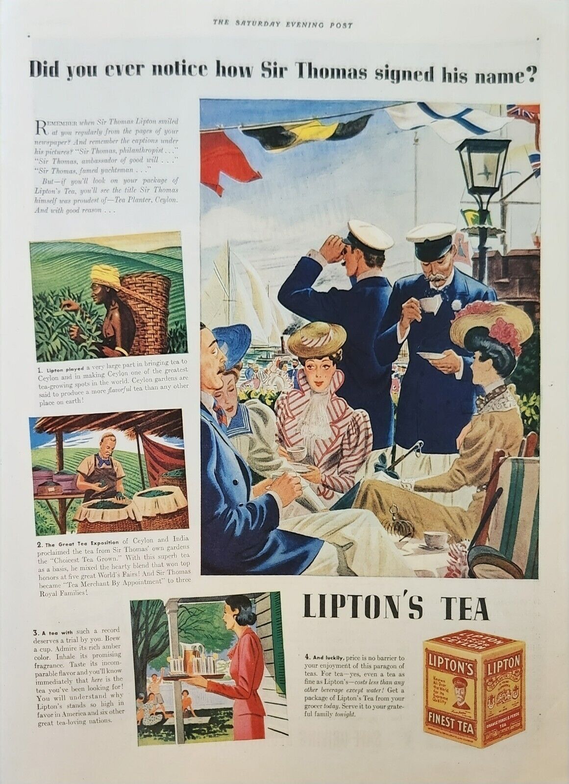 1938 Lipton Tea Vintage Ad did you ever notice how Sir Thomas signed his name