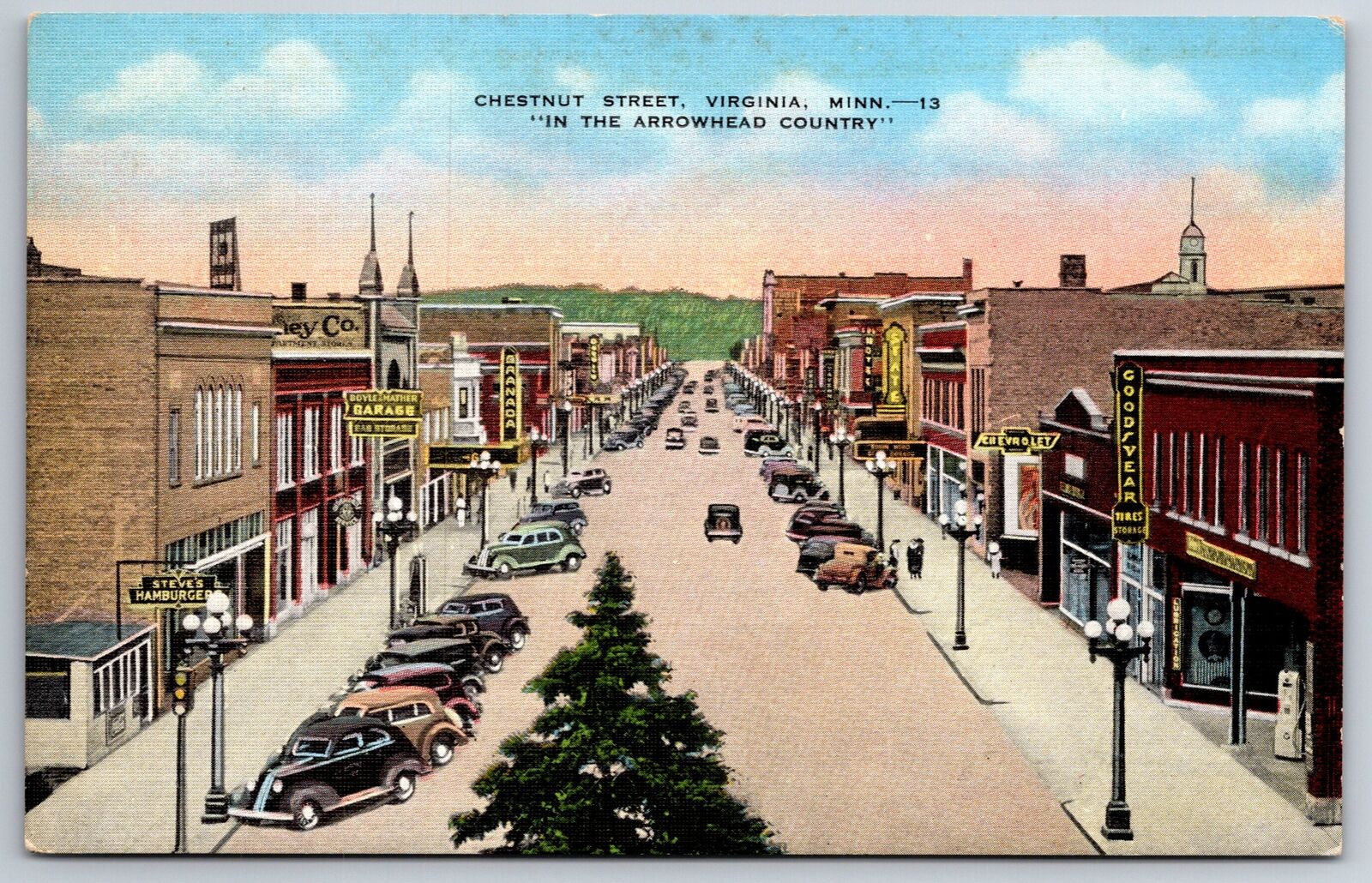 Main Street~Virginia Minnesota~Chestnut Street Birds Eye View~Vtg Linen Postcard