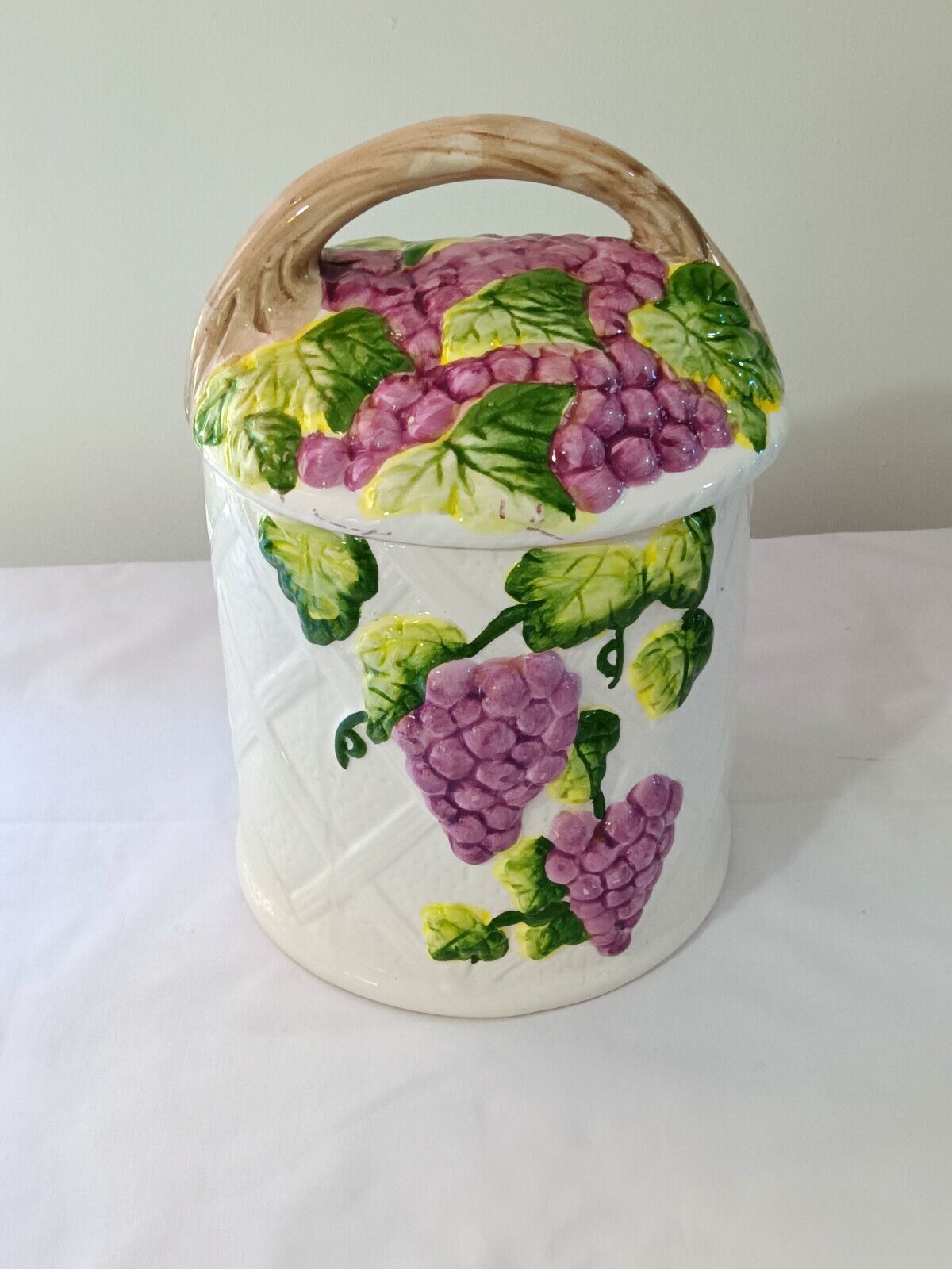 Large 10 inch Ceramic Cookie Jar with grapes Vintage fruit Stunning