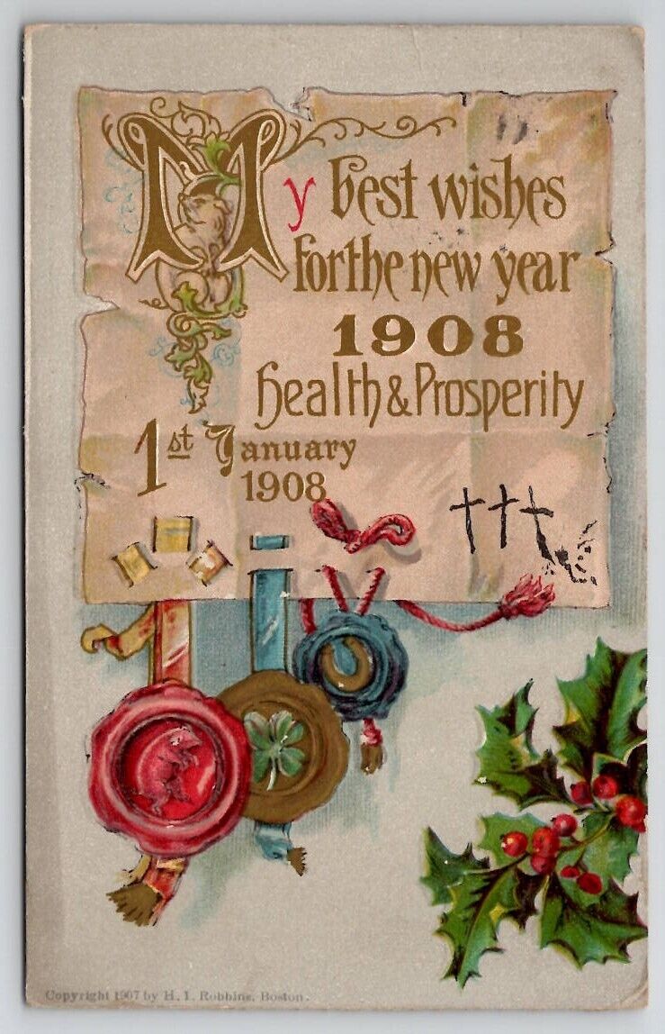 New Year Greetings 1908 Health Prosperity Faux Seal To Batavia OH Postcard Q25
