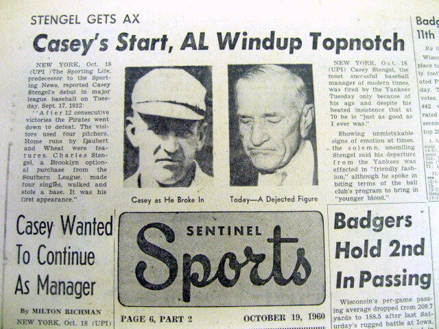 2 1960 newspapers NY YANKEES FIRE Manager CASEY STENGEL after WORLD SERIES LOSS