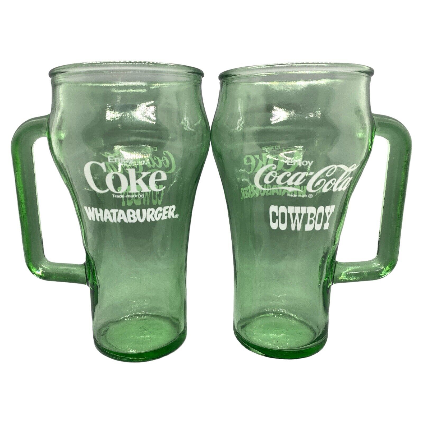 VTG Dallas Cowboys Lot of 2 Whataburger Coke Glass Mug Green Glass D Handle Cup