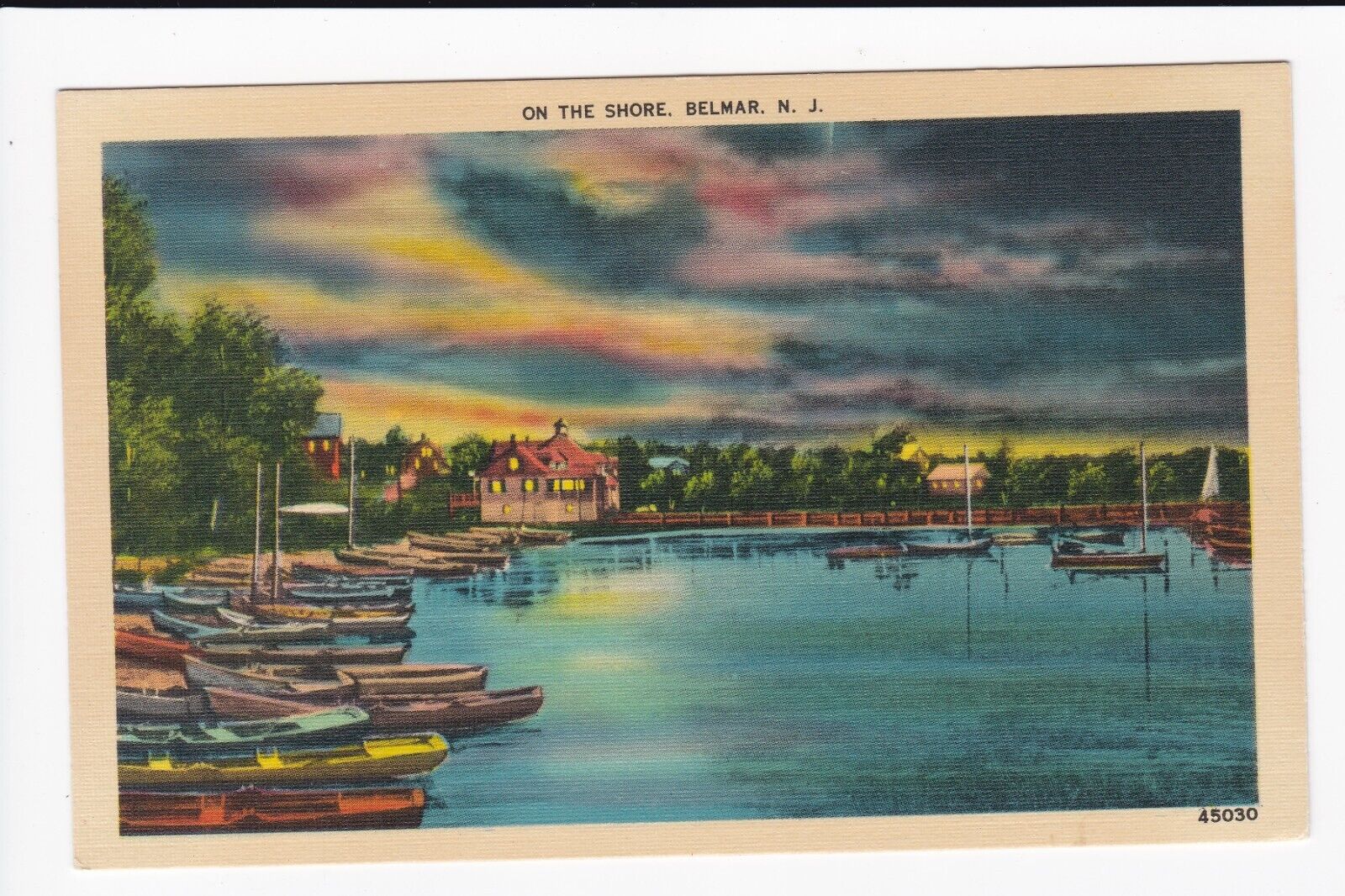 On The Shore Belmar New Jersey Boats Night View Linen Postcard