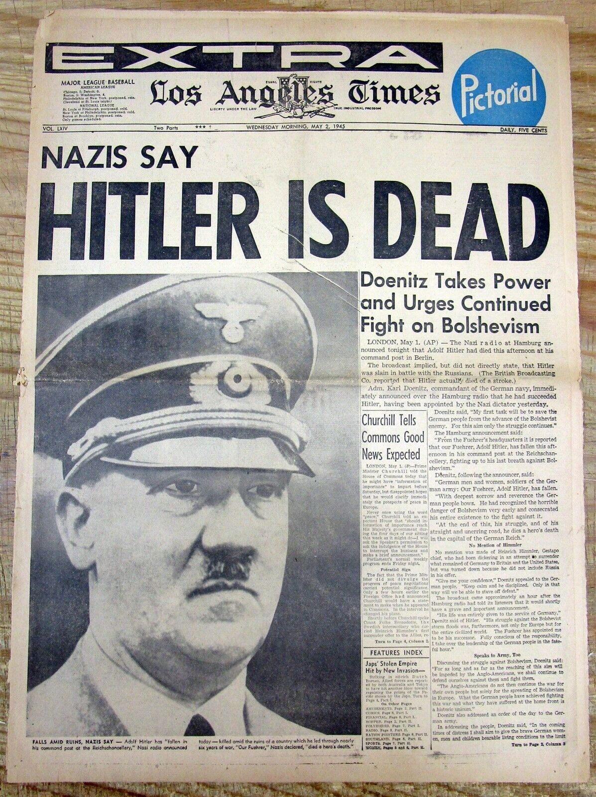 Nazi ADOLPH HITLER is DEAD - BEST 1945 WW II display headline newspaper 