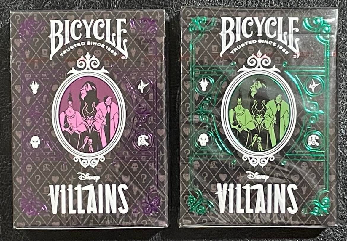 2 DECKS Bicycle Disney Villains green & purple playing cards FREE USA SHIPPING