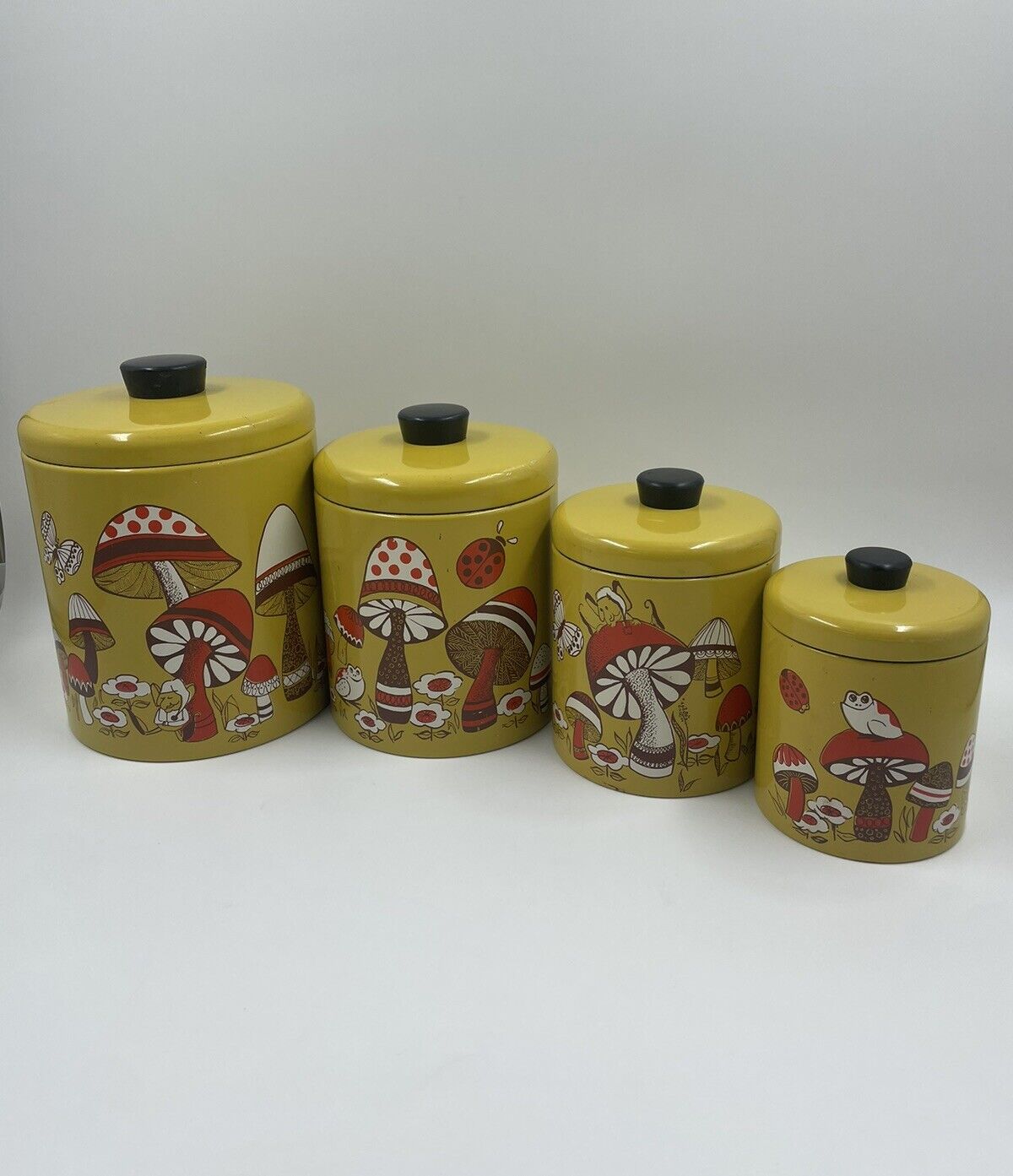 Vintage Mushroom Canisters Ransburg Mustard Yellow & Red w/ Lids Retro 60's USA