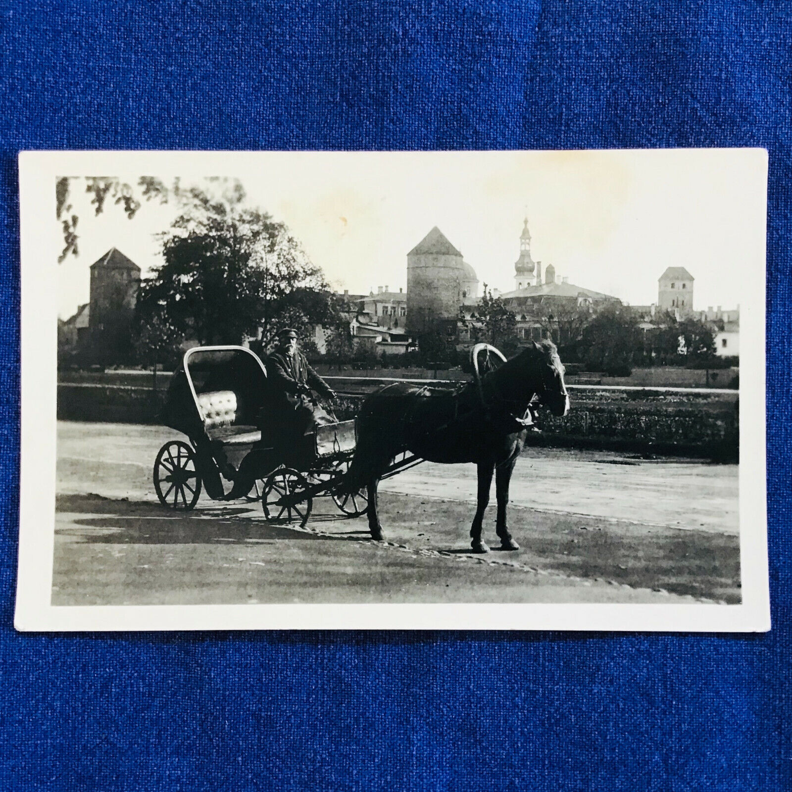 Real Photo Postcard Horse, Carriage & Driver, Tallinn, Estonia with Buildings 