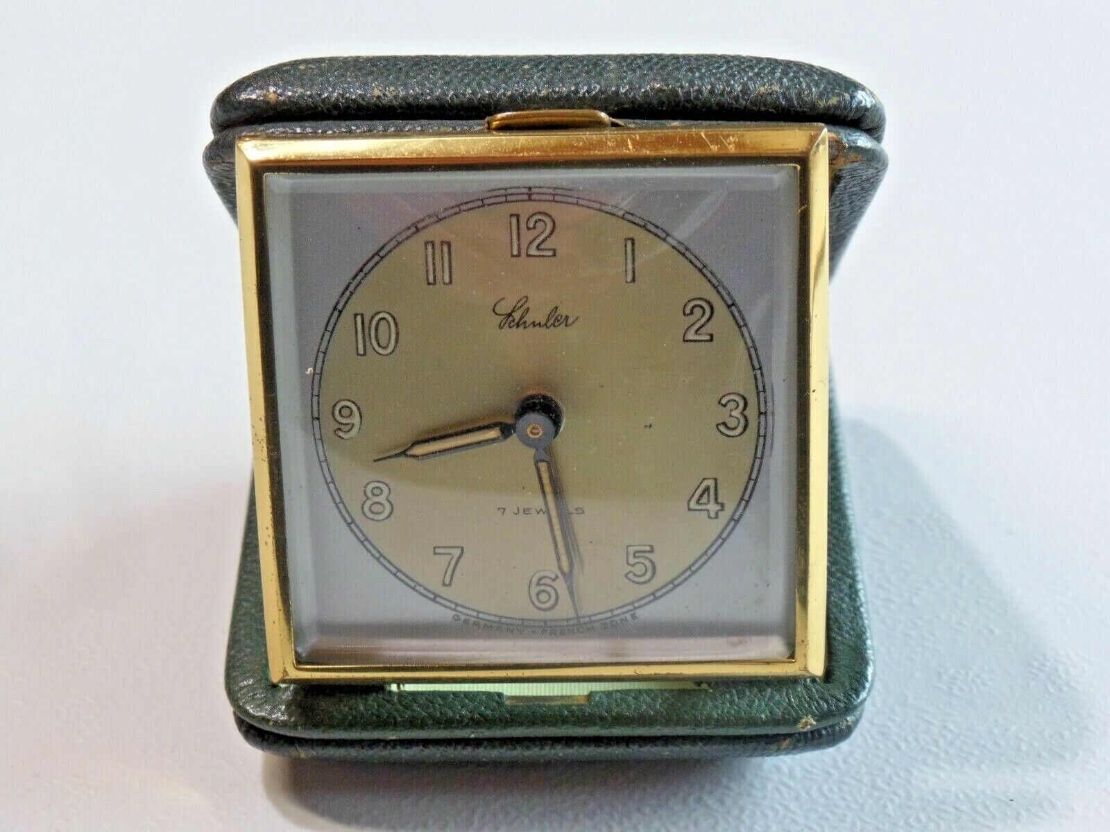 Vtg. Schuler 7 Jewels Travel Alarm Clock Green Leather Hard Case Germany French 