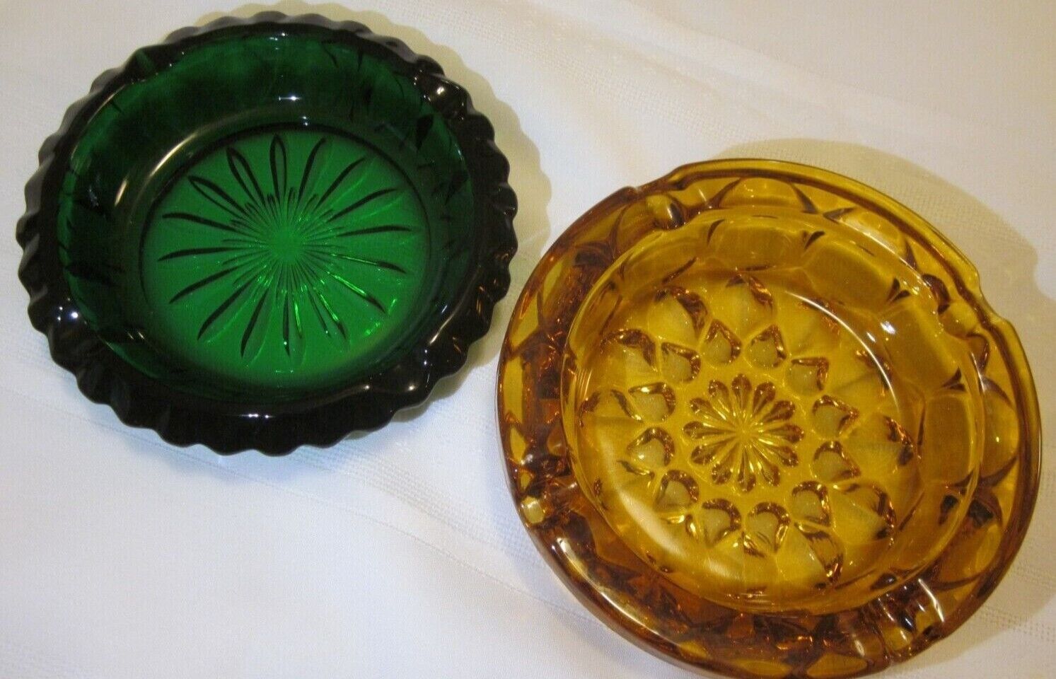 Two Vintage Heavy Patterned Glass Emerald Green and Amber Ashtrays