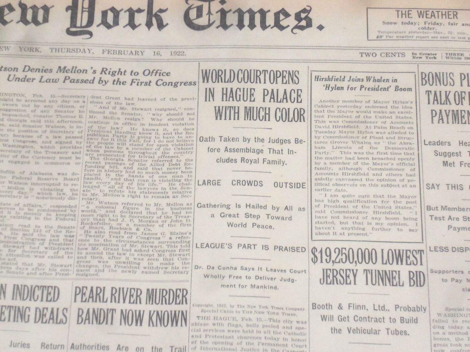 1922 FEBRUARY 16 NEW YORK TIMES - WORLD COURT OPENS IN HAGUE PALACE - NT 9014
