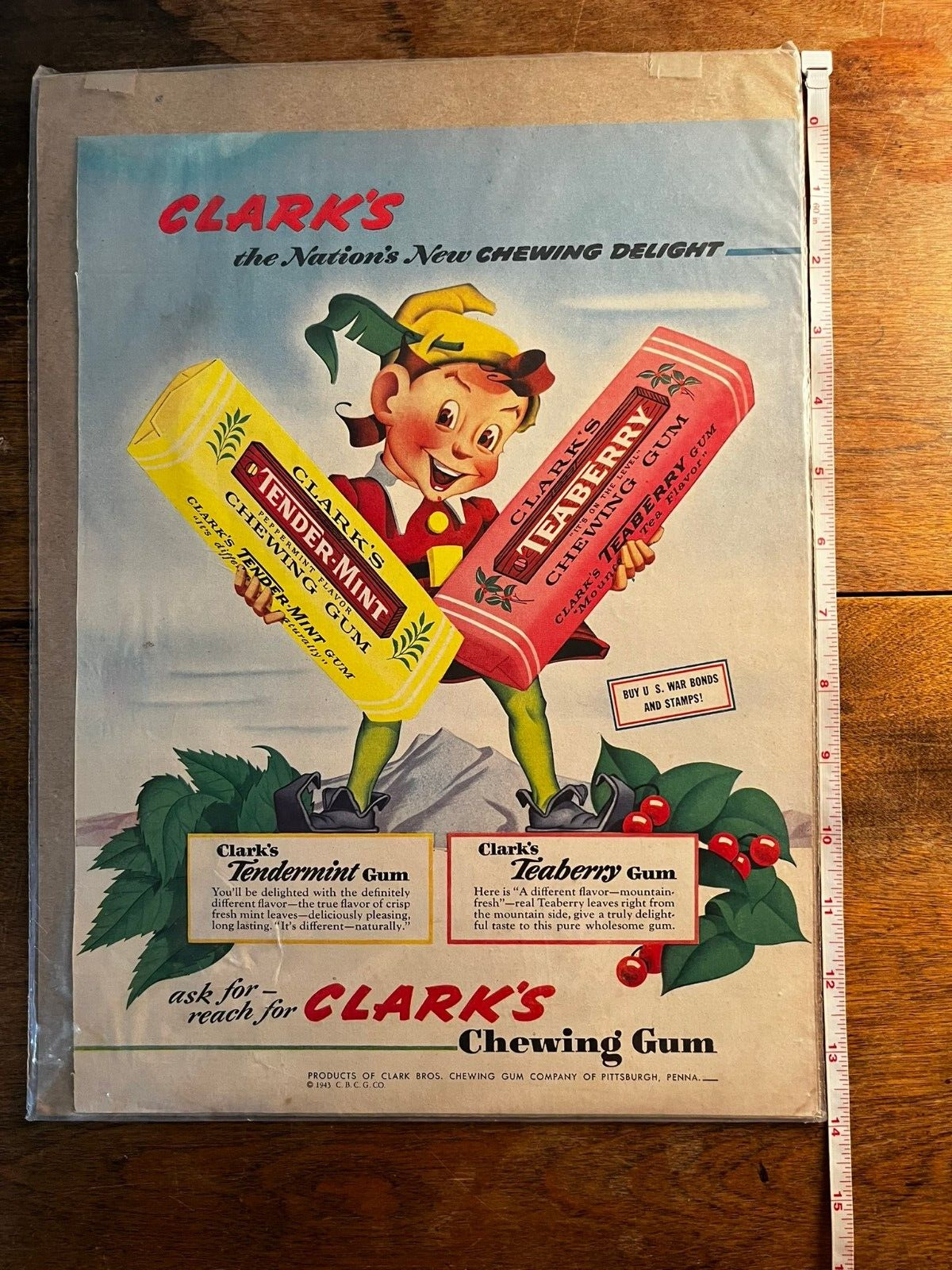 vtg 1943 original CLARK\'S GUM print ad TENDER MINT & TEABERRY w/ elves 