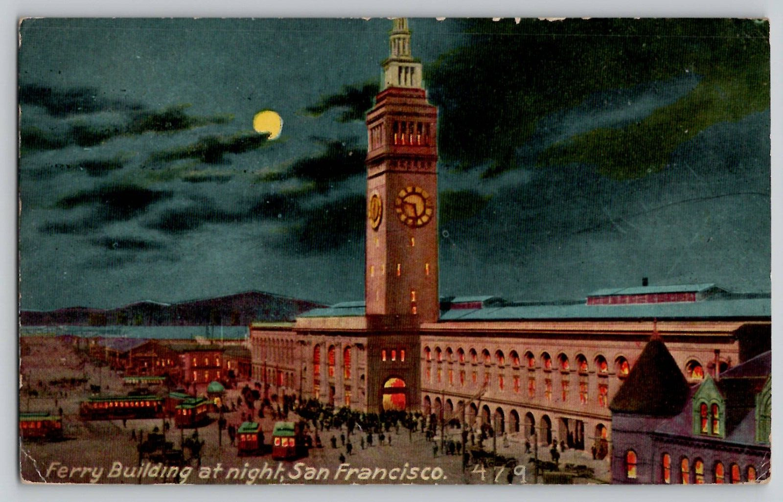 1914 Ferry Building at Night San Francisco CA California Vtg Postcard 479 Moon