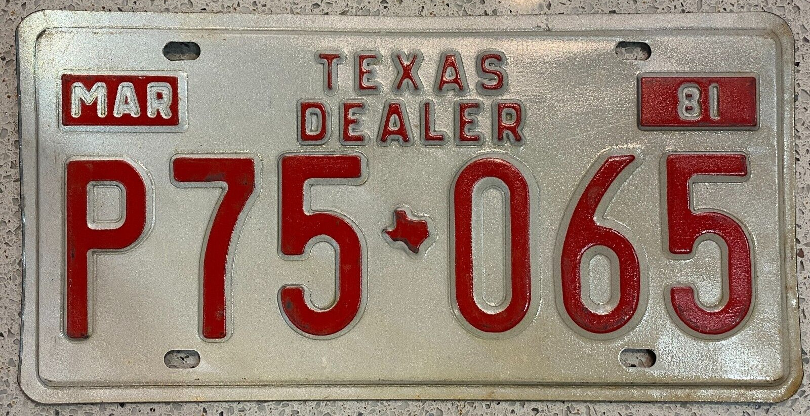 1981 Vintage Texas License Plate DEALER Red on White #P75-065