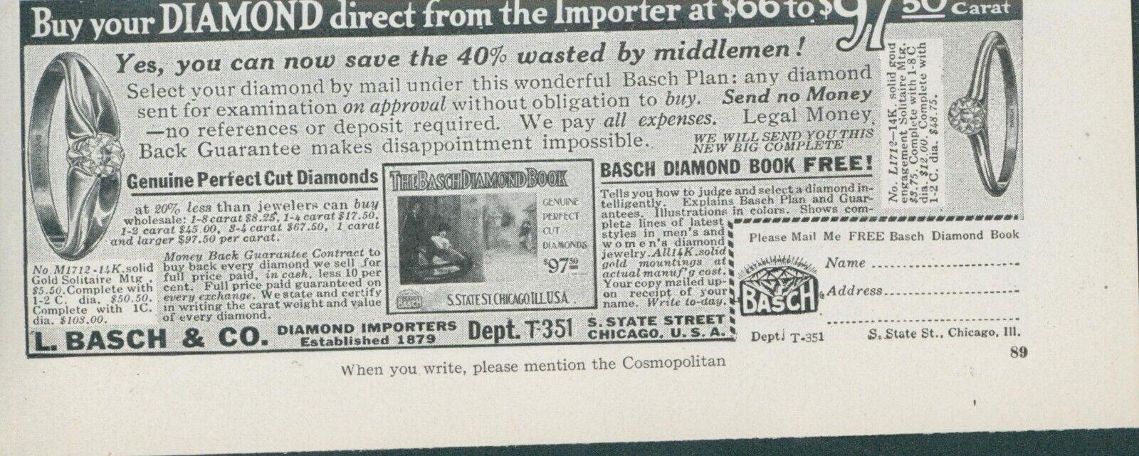 1912 Buy Diamond Direct From Importer L Basch Chicago IL Vtg Print Ad CO4