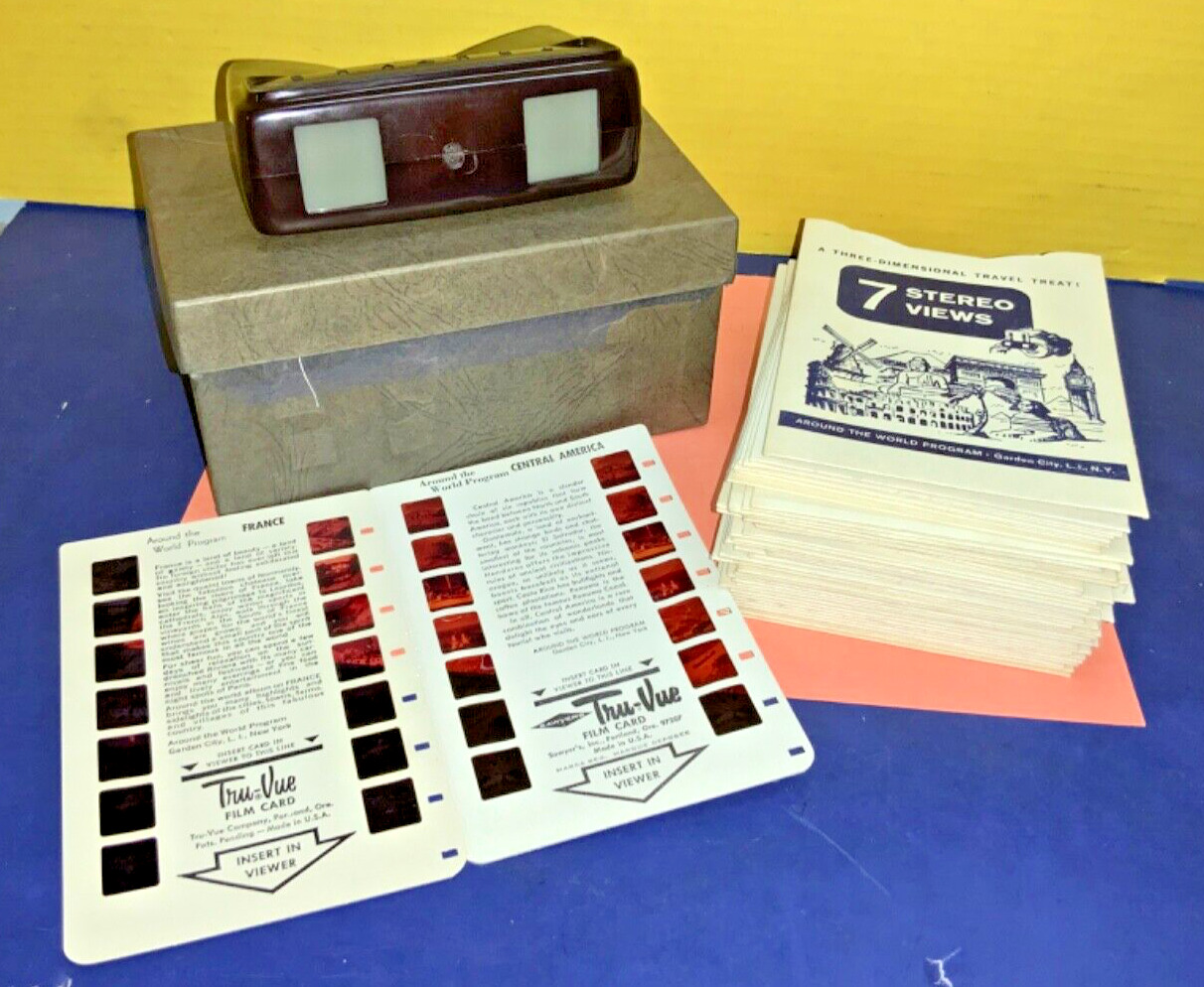 VTG Brown Tru-Vue w/ 41 Film Card Slides - AS IS - TESTED - WORKING & CLEAR