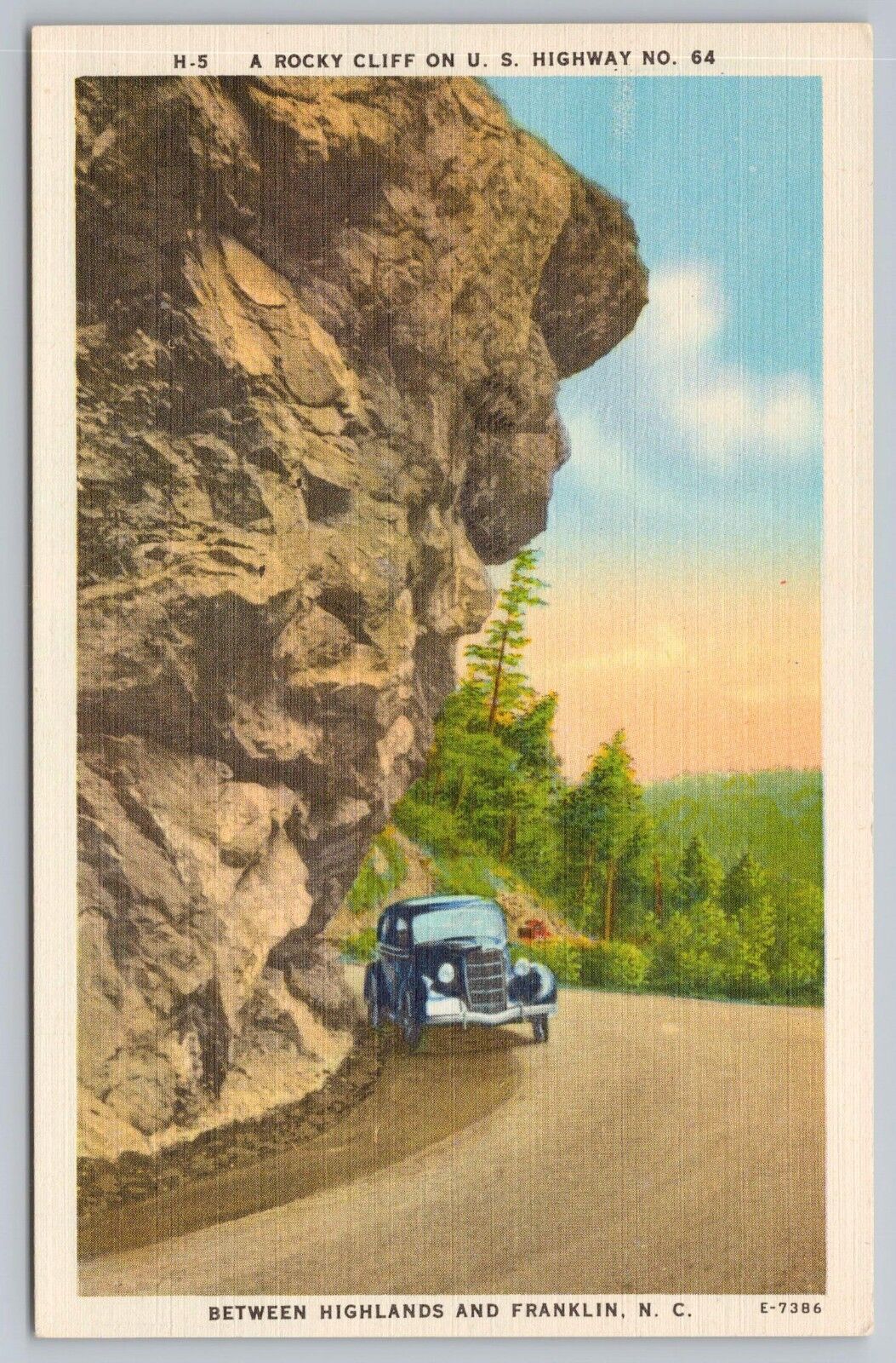 US Highway 64 Old Car & Rocky Cliff Franklin NC Vintage Linen Postcard