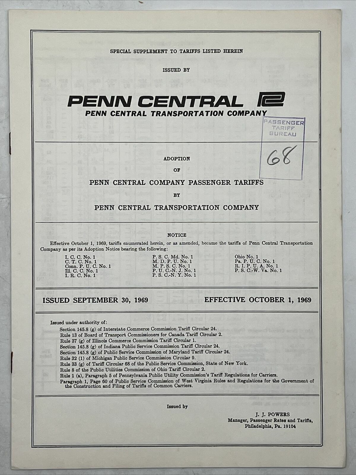 1969 THE PENNSYLVANIA RAILROAD COMPANY ICC No A-26501 SPECIAL SUPPLEMENT 3